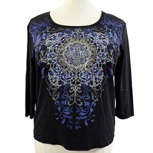 Chico's Zenergy 100% Cotton Black Boho Mandala Beaded Embellished Top